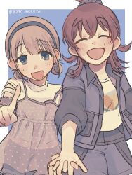 2girls 8270_necota ahoge blue_background blue_eyes blue_hairband blue_jacket blue_shorts blush border camisole camisole_over_clothes closed_eyes commentary flipped_hair grey_camisole grey_hair hair_rings hairband highres holding_hands idolmaster idolmaster_shiny_colors interlocked_fingers jacket komiya_kaho looking_at_viewer low_twintails medium_hair multiple_girls open_clothes open_jacket open_mouth outside_border pointing pointing_at_viewer polka_dot polka_dot_camisole print_shirt red_hair see-through_camisole see-through_clothes serizawa_asahi shirt shorts smile straight-on torn_clothes torn_sleeves turtleneck turtleneck_shirt twintails twitter_username upper_body white_border white_shirt