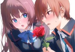 Rule 34 | 1boy, 1girl, a-chan (little busters!), black jacket, blue bow, blue bowtie, blue eyes, blush, bow, bowtie, brown eyes, brown hair, collared shirt, commentary, couple, eyelashes, eyes visible through hair, flower, hair between eyes, hand up, hat, hat flower, hetero, jacket, leaf, leaning forward, little busters!, little busters! school uniform, long hair, long sleeves, looking at another, miiizuno lbs, natsume kyousuke, open mouth, red flower, red rose, rose, school uniform, shirt, short hair, simple background, sweatdrop, tareme, three quarter view, tsurime, upper body, white background, white shirt