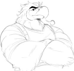 1boy bara beak chest_harness closed_mouth commission crossed_arms furry furry_male harness highres juggermelon looking_at_viewer male_focus marxophone_(mrxphn) muscular muscular_male original oscar_(mrxphn) profile puff_of_air second-party_source sketch sleeves_rolled_up upper_body white_background