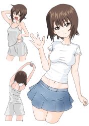 Rule 34 | 1girl, blush, breasts, brown eyes, brown hair, closed eyes, closed mouth, girls und panzer, looking at viewer, mal (malmlamal), medium breasts, midriff, miniskirt, multiple views, navel, nishizumi maho, shirt, short hair, simple background, skirt, smile, stretching, white background, white shirt, yawning