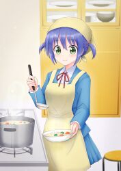 1girl absurdres apron blush cooking food green_eyes hayate_no_gotoku! highres holding holding_ladle holding_tray indoors kitchen ladle nishizawa_ayumu purple_hair school_uniform shirt short_hair short_twintails skirt smile solo soup tray twintails