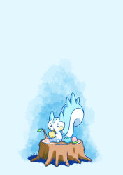 absurdres berry_(pokemon) commentary_request enzan_(midori_t0905) gen_4_pokemon highres holding nintendo no_humans on_tree_stump oran_berry pachirisu pokemon pokemon_(creature) pokemon_focus sitrus_berry sitting solo tree_stump