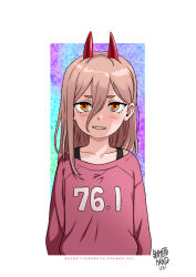 1girl aged_down border brown_hair chainsaw_man child collarbone commentary english_commentary fanbox_username highres horns long_hair outside_border pink_shirt power_(chainsaw_man) shimetta_masuta shirt short_eyebrows signature smile solo white_border yellow_eyes