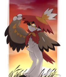beak border commentary_request creatures_(company) frown game_freak gradient_sky grass hidane_(natsume_hdn) highres hisuian_decidueye looking_up nintendo orange_sky pokemon pokemon_(creature) red_sky sky sunset twitter_username yellow_eyes yellow_sky