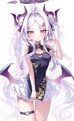 1girl absurdres black_dress black_halo blue_archive blush breasts chinese_clothes demon_girl demon_horns demon_wings dress frilled_dress frilled_skirt frills hair_ornament halo highres hina_(blue_archive) horns loli long_hair looking_at_viewer low_wings multiple_horns nyaruin parted_bangs pink_eyes puritan_collar purple_wings simple_background skirt small_breasts solo standing thigh_strap very_long_hair white_background white_hair white_skirt wings