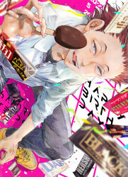 1boy :q absurdres black_pants chocolate fangs haikyuu!! hair_slicked_back happy_birthday highres licking_lips looking_at_viewer mabu_dachi43 male_focus open_mouth pants red_eyes red_hair sharp_teeth shirt smile solo teeth tendou_satori tongue tongue_out white_shirt