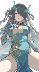 1girl absurdres adapted_costume arknights bare_arms bare_shoulders black_hair blue_dress breasts china_dress chinese_clothes cleavage cleavage_cutout clothing_cutout colored_skin dragon_horns dress dusk_(arknights) dusk_(everything_is_a_miracle)_(arknights) earrings hair_over_one_eye hair_rings hand_on_own_chest highres horns jewelry large_breasts long_hair looking_at_viewer multicolored_hair no_panties official_alternate_costume pelvic_curtain pointy_ears red_eyes simple_background sleeveless sleeveless_dress solo spread_legs streaked_hair thighs very_long_hair white_background yan_z