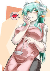 1girl apron blush breasts denim fate/grand_order fate_(series) glasses green_hair heart highres horns jeans kiyohime_(fate) ladle large_breasts long_hair pants shirt spoken_heart tasting tgxx3300 white_shirt yellow_eyes