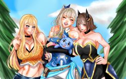 3girls alternate_universe ass back bare_shoulders blonde_hair breasts brown_hair cat cleavage cleavage_cutout closed_eyes clothing_cutout crossover eden&#039;s_zero elie fairy_tail forest gloves hand_on_another&#039;s_shoulder happy heroes highres huge_breasts large_breasts lips long_hair looking_at_another looking_at_viewer lucy_heartfilia midriff multiple_girls nail_polish nature navel official_alternate_costume open_mouth rave_(manga) rebecca_bluegarden short_hair side_ponytail smile very_long_hair walking yellow_eyes
