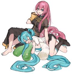 2girls :d aaaaau_2025 aqua_hair black_shorts black_socks blue_eyes blue_nails breasts closed_eyes commentary_request detached_sleeves hand_on_own_face hatsune_miku hugging_object long_hair megurine_luka multiple_girls nail_polish open_mouth pink_hair shirt shorts simple_background single_detached_sleeve sleeping smile socks stuffed_toy toenail_polish toenails twintails very_long_hair vocaloid white_background white_shirt