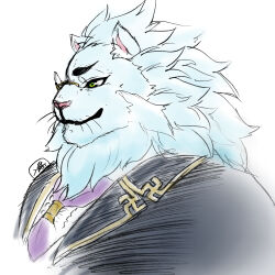 1boy animal_ears ascot black_suit closed_mouth commentary_request formal_clothes furry green_eyes highres irurahiko lion_boy lion_ears lion_mane male_focus monocle profile purple_ascot smile snow_(housamo) suit tokyo_houkago_summoners upper_body whiskers white_background