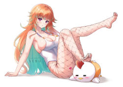 1girl arm_support breasts cleavage earrings feet fishnet_pantyhose fishnets full_body gradient_hair green_hair heart highleg highleg_leotard hololive hololive_english hoop_earrings jewelry jpeg_artifacts kfp_employee_(takanashi_kiara) large_breasts legs_up leotard long_hair multicolored_hair official_alternate_costume official_alternate_hair_length official_alternate_hairstyle orange_hair pantyhose purple_eyes sebu_illust sitting soles solo stepped_on streaked_hair takanashi_kiara takanashi_kiara_(fever_night) thighs toes very_long_hair virtual_youtuber white_leotard