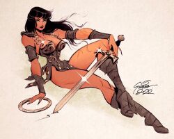 1girl armor armored_dress black_hair boots breastplate dress holding holding_sword holding_weapon long_hair looking_at_viewer smile solo sveta_shubina sword tagme unsheathed weapon xena xena:_warrior_princess