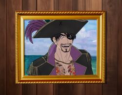 1boy :d black_hair cdtxufre chest_tattoo coat crazy_eyes epaulettes eyepatch facial_hair goatee hat_feather highres jacket majima_goro male_focus no_shirt open_clothes open_jacket open_mouth outdoors painting_(object) pirate pirate_costume portrait_(object) ryuu_ga_gotoku_(series) ryuu_ga_gotoku_8_gaiden smile solo spongebob_squarepants_(series) tattoo upper_body