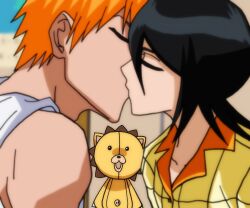 1boy 1girl black_hair bleach closed_eyes highres kiss kon_(bleach) kuchiki_rukia kurosaki_ichigo orange_hair pajamas sentient_stuffed_toy spiked_hair star_(sr67305775) striped_clothes striped_pajamas stuffed_animal stuffed_lion stuffed_toy tank_top upper_body white_tank_top