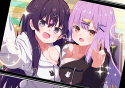 2girls :d absurdres black_hair black_hoodie blurry blush borrowed_character breast_press breasts carrot_hair_ornament cellphone cellphone_photo cleavage collarbone commission fang food-themed_hair_ornament hair_between_eyes hair_ornament hairclip highres hood hood_down hoodie jacket large_breasts long_hair long_sleeves looking_at_viewer medium_breasts multiple_girls open_mouth original phone purple_eyes purple_hair reaching reaching_towards_viewer red_eyes selfie shiro9jira skeb_commission smile sparkle symmetrical_docking taking_picture v white_hoodie x_hair_ornament