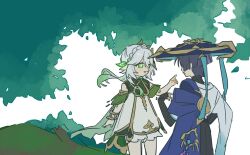 1boy 1girl arm_at_side armlet black_bridal_gauntlets black_hair black_shorts bloomers blue_cape blue_hat blue_sleeves bracelet braid bridal_gauntlets bright_pupils cape colored_tips cross-shaped_pupils crown_braid detached_sleeves dress eyelashes furisode genshin_impact gold gold_trim green_cape green_eyes green_hair green_sleeves hair_between_eyes hair_ornament hand_up hat highres index_finger_raised japanese_clothes jewelry jingasa kimono leaf leaf_hair_ornament long_hair multicolored_hair nahida_(genshin_impact) on_tree open_mouth pointing pointing_at_another pointy_ears purple_hair scaramouche_(genshin_impact) short_sleeves shorts side_ponytail sidelocks sketch streaked_hair symbol-shaped_pupils tenpi_(hello_3152) tree underwear wanderer_(genshin_impact) white_background white_bloomers white_dress white_hair white_kimono white_pupils white_sleeves