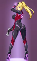 1girl ass black_bodysuit blonde_hair bodysuit breasts from_behind full_body gun high_heels high_ponytail highres holding holding_gun holding_weapon large_breasts lindaroze long_hair looking_at_viewer looking_back metroid metroid_prime_4:_beyond nintendo ponytail purple_eyes samus_aran skin_tight solo standing weapon zero_suit