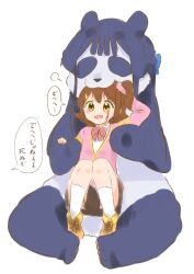 1girl animal animalization biting black_hair blood blush bow bowtie brown_hair cardigan full_body hair_ornament hair_scrunchie hairclip half_updo hutaba idolmaster idolmaster_million_live! kasuga_mirai mogami_shizuka one_side_up open_mouth panda pink_bow pink_bowtie pink_cardigan pink_scrunchie scrunchie shoes short_hair simple_background sitting sitting_on_lap sitting_on_person smile speech_bubble translation_request white_background