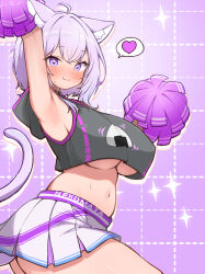1girl animal_ears armpits black_shirt blush breasts cat_ears cheerleader crop_top heart highres hololive hololive_gamers hood hoodie kani_bonara large_breasts looking_at_viewer midriff navel nekomata_okayu pom_pom_(cheerleading) purple_eyes purple_hair shirt short_hair skirt solo speech_bubble star_(symbol) star_in_eye symbol_in_eye underboob virtual_youtuber white_skirt