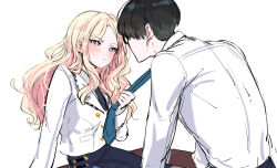 1boy 1girl black-framed_eyewear black_hair blazer blonde_hair blush clothes_grab commentary_request facing_another gakuen_idolmaster glasses hatsuboshi_gakuen_school_uniform hetero idolmaster jacket juo_sena kasasagi_(futagodori888) long_hair long_sleeves multicolored_hair necktie necktie_grab neckwear_grab pink_hair producer_(idolmaster) purple_eyes school_uniform shirt simple_background sitting streaked_hair two-tone_hair very_long_hair white_background white_jacket white_shirt