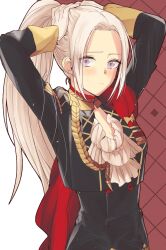 1girl arms_up blush breasts capelet cleavage cleavage_cutout closed_mouth clothing_cutout commentary_request edelgard_von_hresvelg embarrassed fire_emblem fire_emblem:_three_houses flat_chest from_side garreg_mach_monastery_uniform gloves highres long_sleeves looking_at_viewer looking_to_the_side military_uniform nintendo purple_eyes red_capelet shade solo sou_mei standing sweatdrop tying_hair upper_body white_background white_gloves white_hair