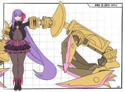 Rule 34 | 1girl, ankle boots, arm out of frame, arm up, bare shoulders, boots, bow, breasts, choker, claws, english text, fate/grand order, fate (series), full body, grid background, hair bow, hanging breasts, highres, huge breasts, long hair, looking at viewer, mechanical arms, o-ring, o-ring top, outside border, pantyhose, passionlip (fate), pink bow, pink eyes, purple hair, reference sheet, shirofujo, signature, single sidelock, very long hair