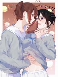 2girls absurdres ahoge black_hair blue_eyes english_text fang food grey_shirt hand_on_another&#039;s_neck hand_on_another&#039;s_shoulder hand_under_clothes hand_under_shirt heart heart_ahoge highres ll_446 macaron multiple_girls notice_lines open_mouth original pleated_skirt ponytail red_eyes sailor_collar school_uniform serafuku shirt skirt smile white_sailor_collar white_skirt yuri