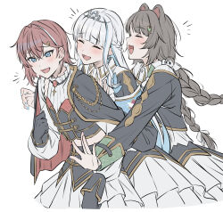 3girls :d ^_^ aiguillette ange_katrina animal_ears animal_hair_ornament armband black_cape black_gloves black_jacket black_shirt black_skirt black_sleeve_cuffs blue_armband blue_eyes blue_hair blue_nails blunt_bangs blush bow braid brown_hair cape closed_eyes colored_inner_hair commentary_request crossed_bangs cup_hair_ornament dog_ears earrings fang flat_chest front-to-back gem gloves gold_trim green_sleeve_cuffs hair_between_eyes hair_bow hair_intakes hair_ornament half_up_braid hand_on_another&#039;s_back highres inui_toko jacket jewelry layered_shirt layered_skirt lize_helesta long_hair long_sleeves low_twin_braids midriff multicolored_hair multiple_girls nail_polish natukirai030 nijisanji notice_lines open_mouth red_gemstone red_hair sanbaka_(nijisanji) sanbaka_anniversary_outfit shirt short_hair side_cape sidelocks silver_tiara simple_background skirt smile streaked_hair triangle_hair_ornament twin_braids two-tone_hair very_long_hair virtual_youtuber white_background white_bow white_hair white_shirt white_skirt