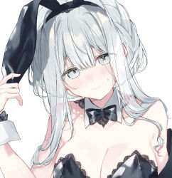 Rule 34 | 1girl, animal ears, black bow, black bowtie, black hairband, black leotard, bow, bowtie, breasts, cleavage, detached collar, fake animal ears, fuyukawa kagari, grey eyes, grey hair, hairband, hakanai kimi wa moukou wo hajimeru, kazutake hazano, lace-trimmed leotard, lace trim, large breasts, leotard, light blush, long hair, playboy bunny, rabbit ears, simple background, solo, sweatdrop, white background, wrist cuffs