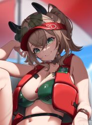 Rule 34 | 1girl, absurdres, animal ears, beach umbrella, bikini, breasts, brown hair, closed mouth, day, eyewear on head, green-tinted eyewear, green bikini, green eyes, highres, indie virtual youtuber, large breasts, life vest, lifeguard, midorimae, navel, nimi nightmare, nimi nightmare (lifeguard), outdoors, ponytail, smile, solo, swimsuit, tapir ears, tapir girl, tinted eyewear, umbrella, virtual youtuber, whistle, whistle around neck