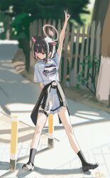 Rule 34 | 1girl, animal ears, arm up, belt, black cardigan, black hair, black mask, black socks, blue archive, cardigan, cardigan around waist, cat ears, clothes around waist, collar, commentary request, corrupted twitter file, extra ears, full body, halo, highres, kazusa (band) (blue archive), kazusa (blue archive), logo print, long hair, looking to the side, mask, mask pull, mouth mask, multicolored hair, official alternate costume, outdoors, p1n, pink hair, pink halo, pleated skirt, print shirt, revision, shirt, short hair, short sleeves, skirt, socks, solo, spiked collar, spikes, t-shirt, thigh belt, thigh strap, two-tone hair, very long hair, white shirt, white skirt