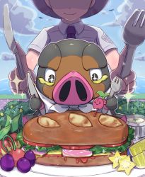 1boy bird bread breast_pocket cherubi cloud collared_shirt commentary_request creatures_(company) day dog&amp;cat_tail florian_(pokemon) food fork game_freak gen_4_pokemon grey_headwear hat highres holding holding_fork holding_knife knife lechonk lettuce male_focus necktie nintendo outdoors picnic pocket pokemon pokemon_(creature) pokemon_sv purple_necktie sandwich shirt silhouette skewer sky sparkle tomato tomato_slice