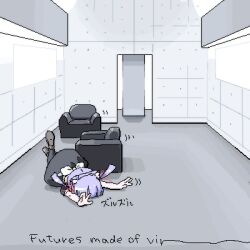 1girl animal_ears armchair arms_up back_bow black_dress black_thighhighs bow cat_ears chair commentary_request dress english_text face_down hair_ribbon indoors jaggy_lines jamiroquai light_purple_hair loafers lokulo-chan_(lokulo_no_mawashimono) lokulo_no_mawashimono low_twintails lowres lying lyrics motion_lines on_floor on_stomach original parody red_ribbon ribbon shoes sliding solo thighhighs tripping twintails white_bow wide_shot