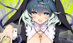 1girl alternate_costume blush breasts cleavage commentary_request cross cross_necklace drooling green_eyes green_hair green_nails habit heart heart-shaped_pupils jewelry komeiji_koishi large_breasts looking_at_viewer medium_hair necklace nun open_mouth sakurame solo symbol-shaped_pupils third_eye touhou upper_body