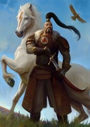 1boy absurdres armor beard bird black_hair blue_sky commentary english_commentary facial_hair fur_trim grass hawk highres holding holding_sword holding_weapon horse jaghatai_khan leather_armor lightning_bolt_symbol long_hair male_focus muscular muscular_male official_art oruam outdoors photoshop_(medium) primarch scabbard sheath sky straight-on sword topknot warhammer_40k weapon white_horse white_scars