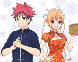 1boy 1girl :d ahoge alternate_costume black_jacket braid breasts bun_cover china_dress chinese_clothes cleavage dress hair_between_eyes holding jacket large_breasts long_hair nakiri_erina open_mouth orange_eyes purple_eyes red_dress red_hair shokugeki_no_souma smile toy-black twin_braids twintails white_background yukihira_souma
