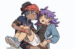 2boys :o aged_down blush closed_mouth collared_shirt commentary_request earrings eye_contact hand_on_another&#039;s_leg headband highres inbagzlzl jacket jewelry korean_commentary leon_(pokemon) looking_at_another male_focus multiple_boys nintendo open_clothes open_jacket open_mouth orange_headband pokemon pokemon_(anime) pokemon_journeys purple_hair raihan_(pokemon) shadow shirt shoes short_hair shorts sitting sitting_on_lap sitting_on_person undercut white_background wristband yellow_eyes yellow_pupils