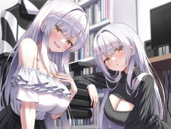 Rule 34 | 2girls, :d, :o, absurdres, black skirt, black sweater, blurry, blush, bookshelf, bra strap, breasts, chair, cleavage, cleavage cutout, clothing cutout, highres, indoors, large breasts, long hair, long sleeves, looking at viewer, monitor, multiple girls, open mouth, original, pleated skirt, shirt, shirt tucked in, short sleeves, sidelocks, skirt, smile, speaker, superpig, sweater, turtleneck, turtleneck sweater, white hair, white shirt, wire, yellow eyes