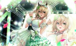 Rule 34 | 1girl, absurdres, animal ears, bow, breasts, brown hair, commentary, commission, confetti, cross, crossed bangs, cutout above navel, double-parted bangs, double finger heart, dress, dress bow, english commentary, finger heart, flower, gendo0032, green eyes, green flower, hair between eyes, hair flower, hair ornament, hands up, hat, heart, heart o-ring, highres, idol clothes, indie virtual youtuber, large breasts, looking at viewer, medium hair, nimi nightmare, nurse cap, o-ring, one side up, open mouth, screen, sleeveless, sleeveless dress, smile, stage, stage lights, star (symbol), tapir ears, tapir girl, virtual youtuber, white bow, white dress, white hat