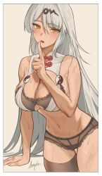 Rule 34 | 1girl, arepko, arm support, bare shoulders, black bra, black panties, black thighhighs, bra, breasts, collar, commentary, cowboy shot, grey hair, hair ornament, hand up, highres, index finger raised, large breasts, long hair, looking at viewer, navel, orange eyes, panties, signature, single thighhigh, solo, stomach, sweat, thighhighs, thighs, underwear, veins, veiny breasts, very long hair, white collar, yi xuan (zenless zone zero), zenless zone zero