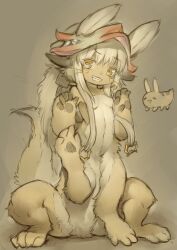 1girl absurdres animal_ears body_fur breasts brown_eyes centauroid commentary ears_through_headwear english_commentary furry furry_female grey_background grey_hair grin hair_ornament hat highres lazy_fish_(nameno54112657) made_in_abyss monster_girl nanachi_(made_in_abyss) navel rabbit_ears short_hair_with_long_locks simple_background sitting small_breasts smile solo tail taur whiskers
