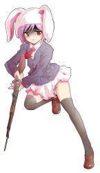 1girl alphes_(style) animal_hood arisaka bayonet blazer bolt_action business_suit collared_shirt commentary_request dairi formal_clothes full_body gun hood jacket large_variant_set loafers looking_at_viewer miniskirt necktie parody parted_lips purple_hair rabbit_hood red_eyes reisen_(touhou_bougetsushou) rifle running shaded_face shirt shoes short_hair skirt solo style_parody suit tachi-e thighhighs touhou transparent_background variant_set weapon
