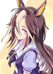 1girl ahoge animal_ears back_bow blue_eyes bow breasts brown_hair clothing_cutout collarbone colored_inner_hair commentary dream_journey_(umamusume) ear_ornament eyewear_strap from_above glasses hair_between_eyes highres horse_girl kanon_(user_rrhr4244) long_hair multicolored_hair puffy_short_sleeves puffy_sleeves purple_bow purple_shirt rimless_eyewear sailor_collar school_uniform shirt short_sleeves simple_background small_breasts smile solo streaked_hair summer_uniform tail tail_through_clothes tracen_school_uniform umamusume very_long_hair white_background white_hair white_sailor_collar
