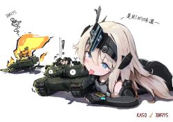 ! blonde_hair blue_eyes breasts chinese_text fire giving_up_the_ghost headgear highres kamov_ka-50 licking m1_abrams mecha_musume military_vehicle mismatched_pupils motor_vehicle original personification sideboob small_breasts tank user_yuts5275 war_thunder xm975