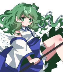 1girl bare_shoulders blue_skirt collared_shirt derivative_work detached_sleeves feet_out_of_frame frog_hair_ornament furiba_794 green_eyes green_hair hair_behind_ear hair_ornament highres holding kochiya_sanae long_sleeves looking_at_viewer medium_hair petticoat redrawn shirt simple_background single_sidelock skirt skirt_set sleeveless sleeveless_shirt snake_hair_ornament solo touhou unfinished_dream_of_all_living_ghost wavy_hair white_background wide_sleeves wings