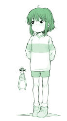 1girl ahoge arms_behind_back child closed_mouth commentary_request expressionless full_body green_theme looking_to_the_side monochrome ogino_chihiro ponsuke_(pon00000) ponytail sen_to_chihiro_no_kamikakushi shirt shoes short_hair shorts sidelocks sneakers socks solo standing striped_clothes striped_shirt t-shirt
