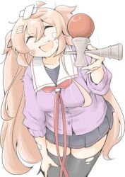 1girl adapted_costume akara_kai black_skirt black_thighhighs cardigan crossed_bandaids hair_flaps hand_on_own_thigh highres kantai_collection kendama murasame_(kancolle) murasame_kai_ni_(kancolle) neck_ribbon open_mouth purple_cardigan red_ribbon ribbon round_teeth sailor_collar school_uniform serafuku simple_background skirt smile solo teeth thighhighs upper_teeth_only white_background white_sailor_collar