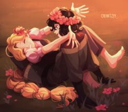 2girls arm_support artist_name belt black_hair blonde_hair breasts brown_shirt cassandra_(tangled) closed_eyes creantzy flower freckles from_side full_body gloves grass hair_between_eyes hair_flower hair_ornament half-closed_eyes highres imminent_hug long_hair long_skirt long_sleeves looking_at_another medium_breasts multiple_girls no_shoes off-shoulder_shirt off_shoulder outdoors pants parted_lips pink_shirt rapunzel_(disney) red_lips red_shirt shirt shirt_under_shirt short_hair short_sleeves sitting skirt smile sunset tangled rapunzel&#039;s_tangled_adventure teeth very_long_hair yuri