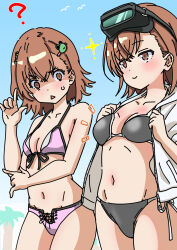 2girls asymmetrical_bangs bikini black_bikini breast_envy breasts brown_eyes brown_hair commentary commentary_request crossed_bangs front-tie_bikini_top front-tie_top hair_ornament hairclip hairpin head-mounted_display highres jacket looking_at_breasts medium_breasts miruto2 misaka_imouto misaka_mikoto multiple_girls navel open_clothes open_jacket outdoors partially_shaded_face pink_bikini short_hair small_breasts smug sparkle swimsuit toaru_kagaku_no_railgun toaru_majutsu_no_index white_jacket